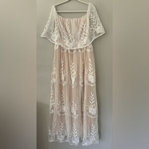 Baltic Born Neutral & White Lace Off Shoulder Maxi Dress